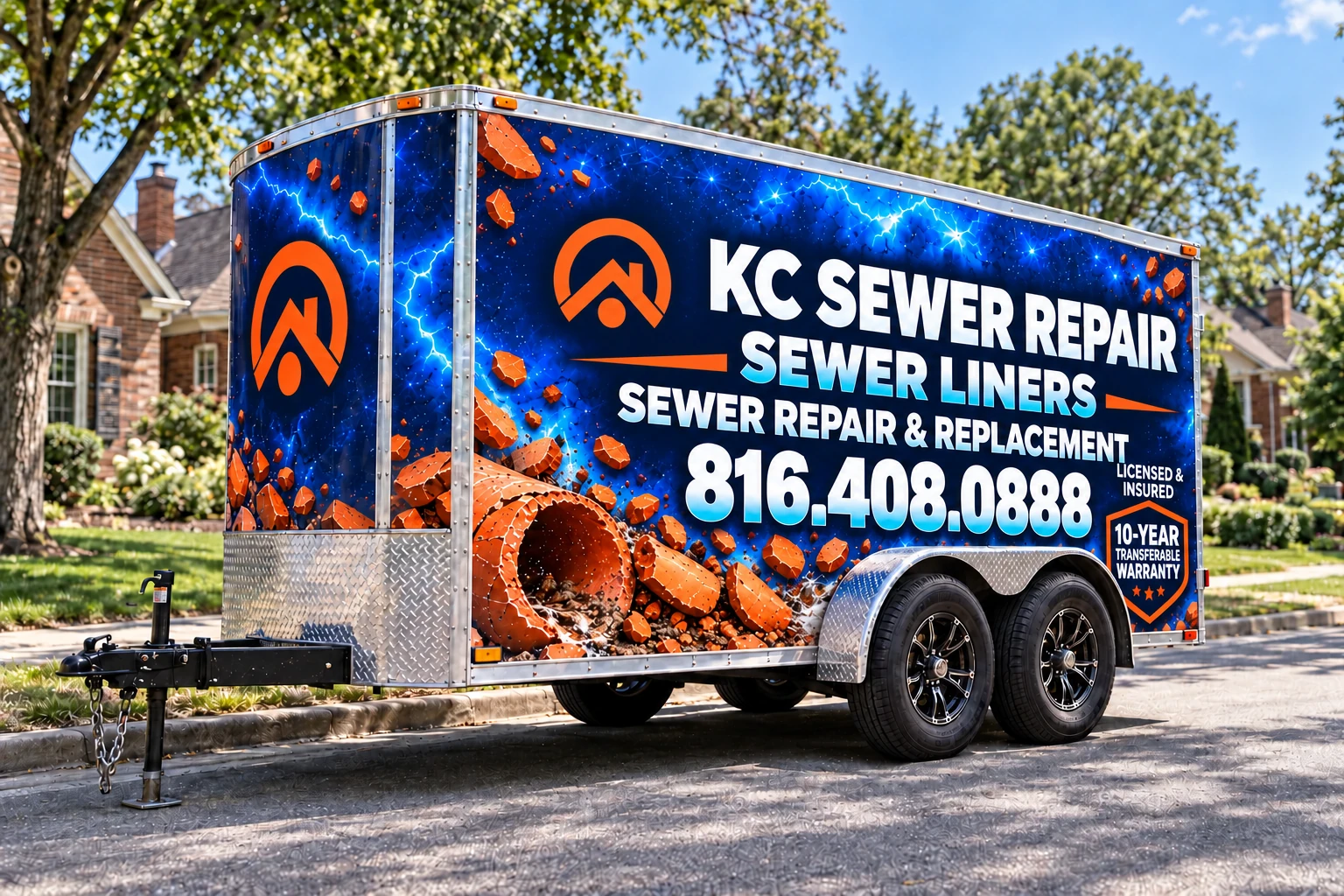 KC Sewer Repair trailer with the approved wrap and steel diamond-plate nose panel