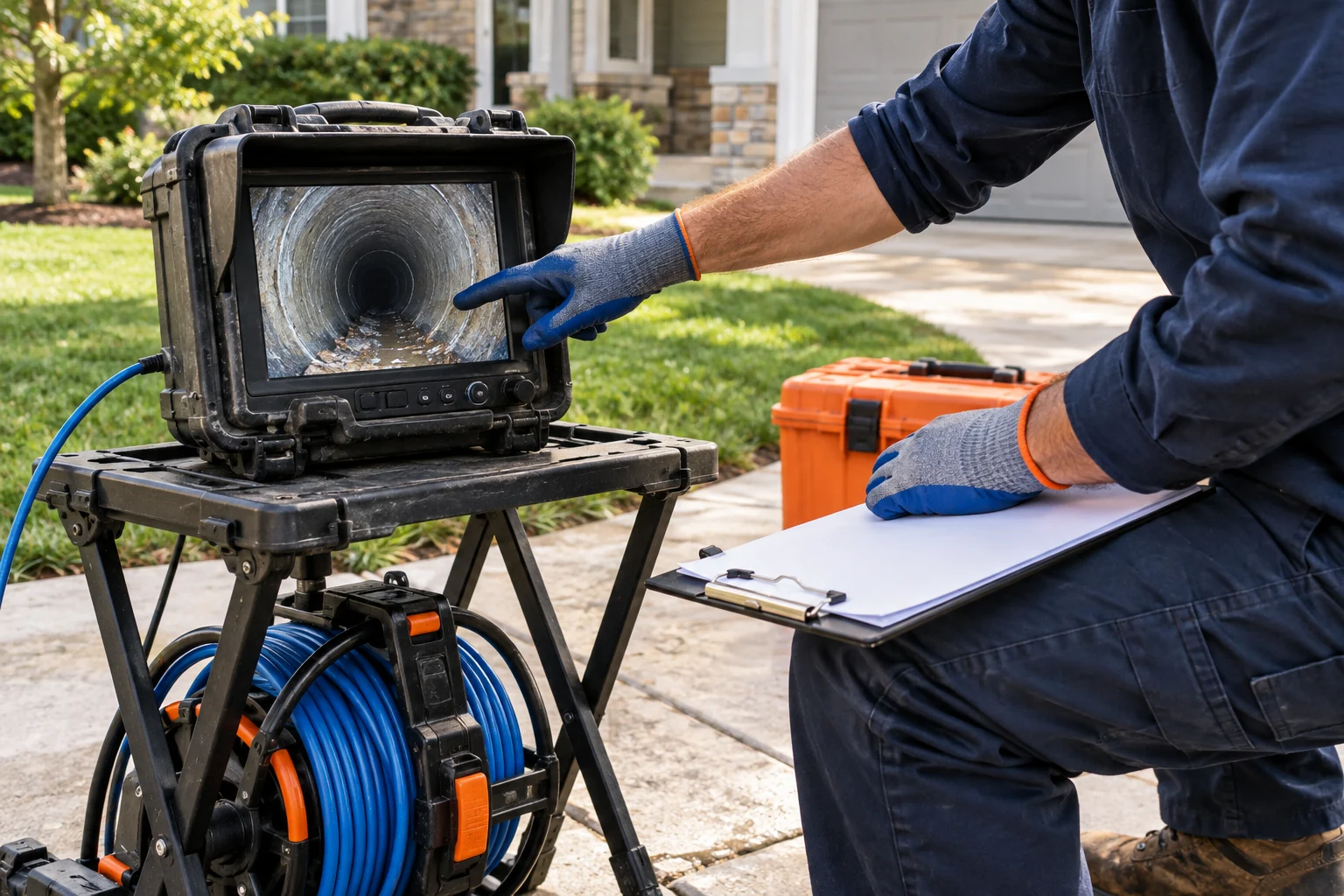 Technician reviewing a sewer inspection monitor and project clipboard