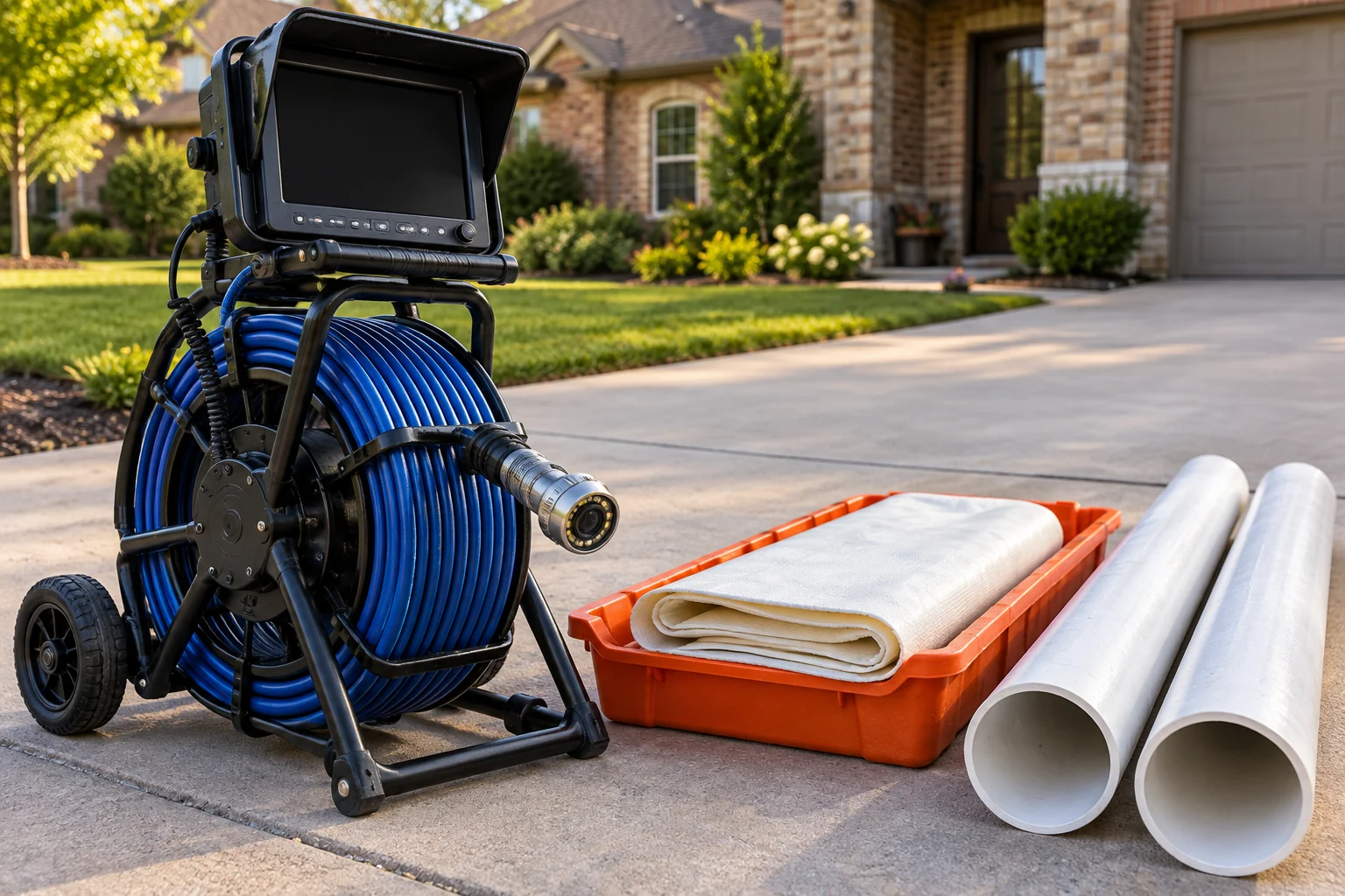 Inspection equipment, liner material and replacement pipe on a driveway