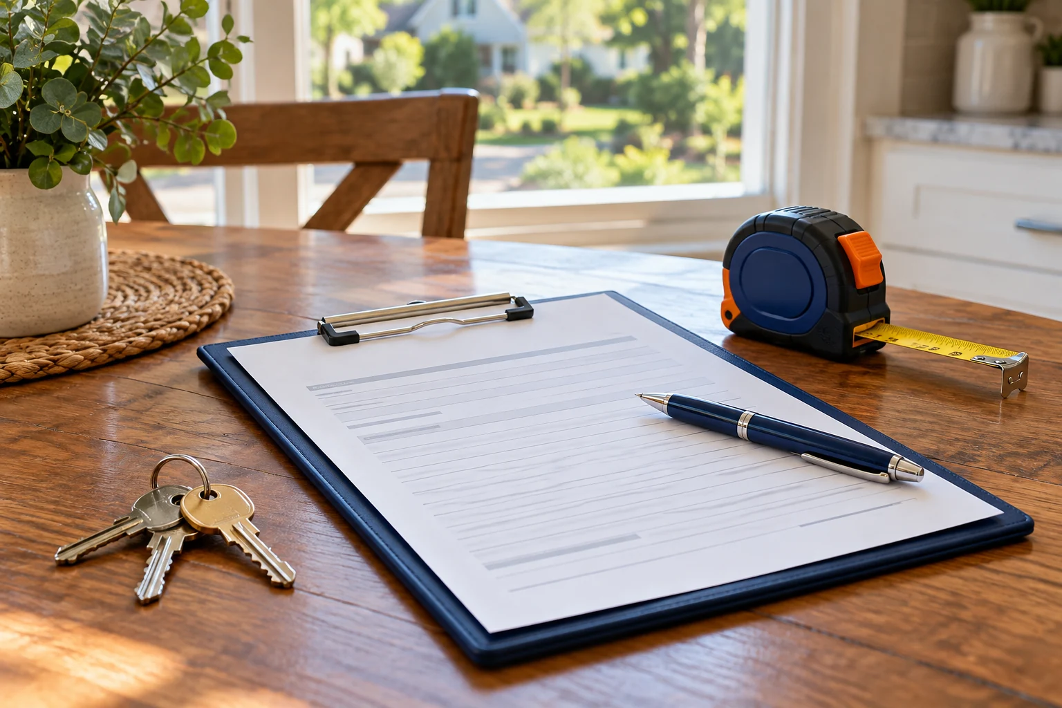 Estimate clipboard and house keys on a kitchen table