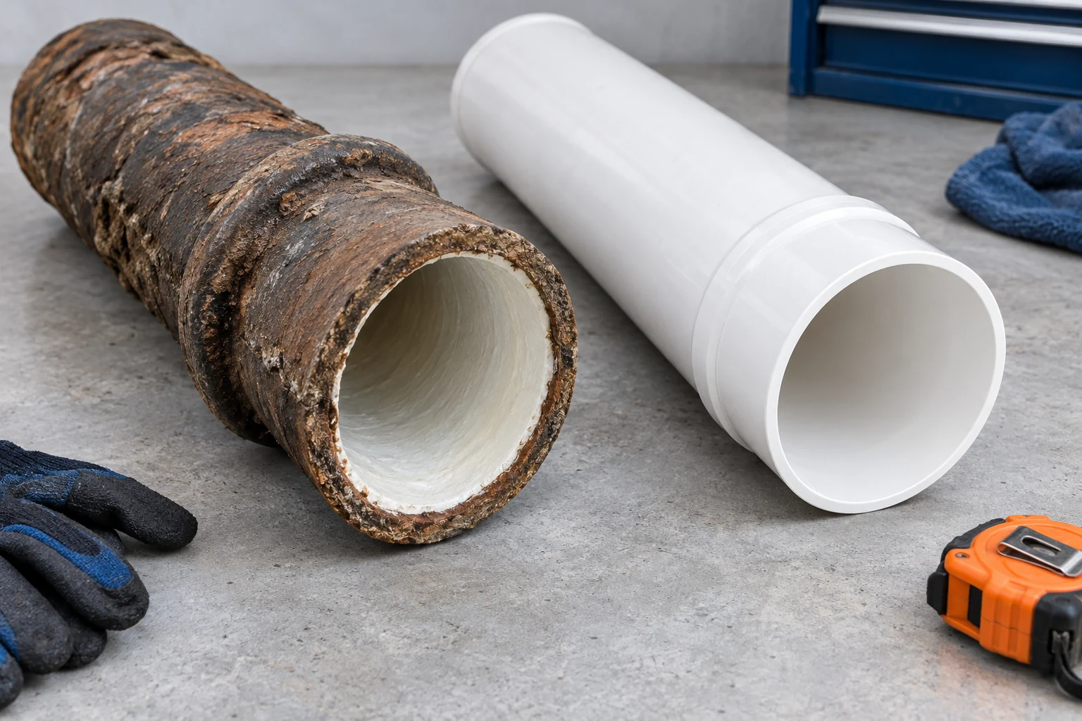 Lined clay and new PVC pipe samples