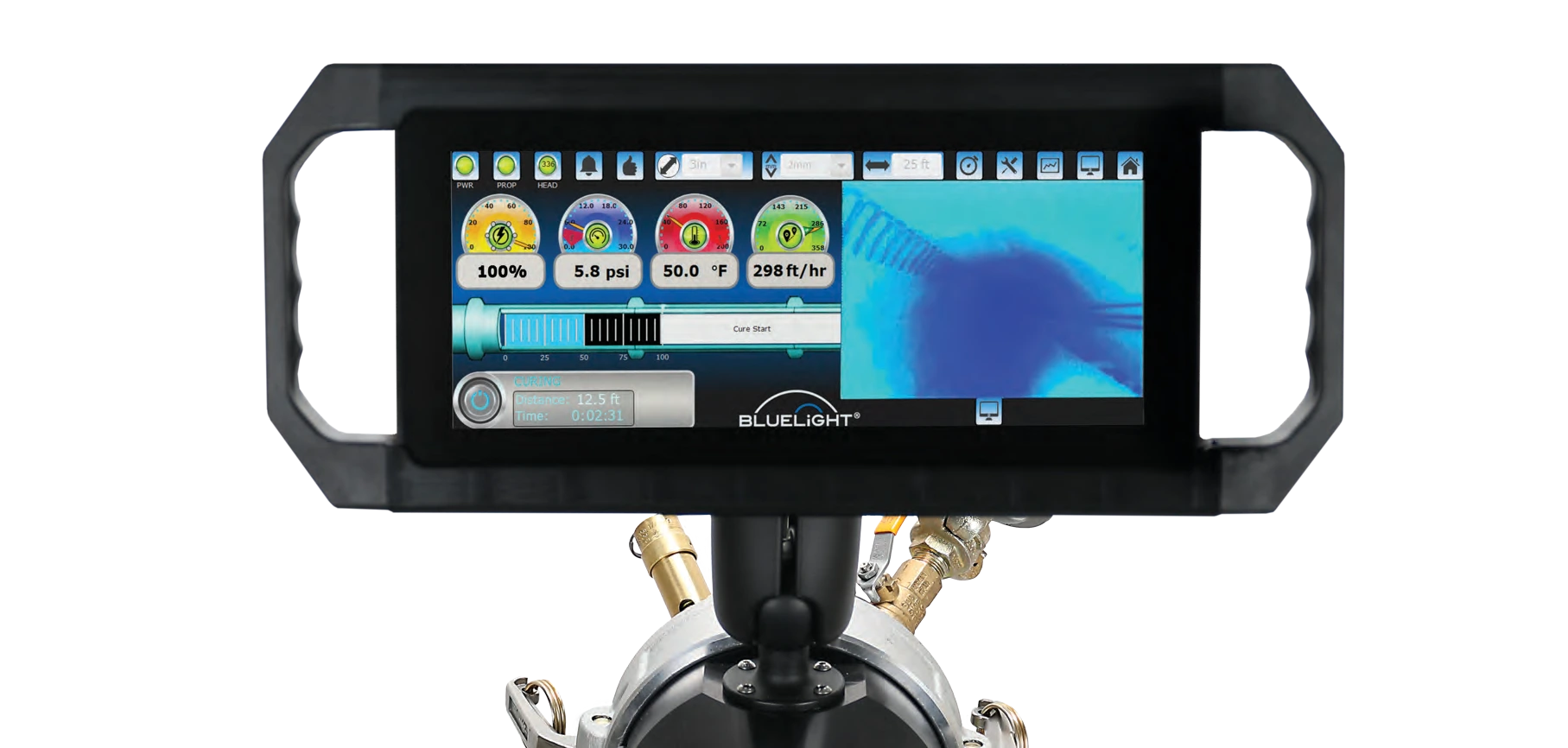 HammerHead Bluelight touchscreen showing curing controls, operating gauges and a live pipe camera view