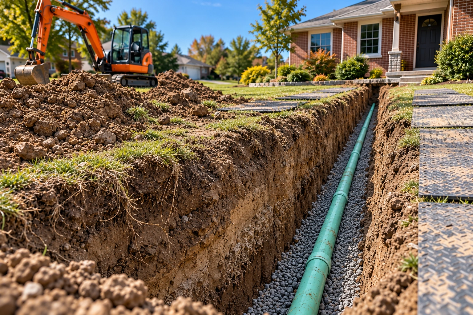 Sewer line replacement with a straight pipe run in a deeper trench