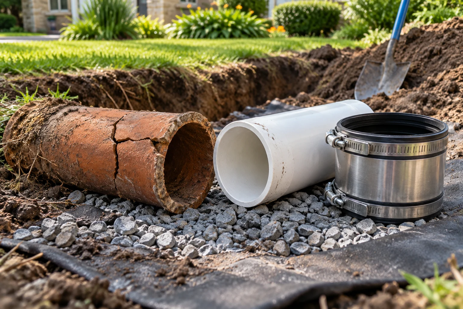 Clay pipe, replacement PVC and a banded repair coupling