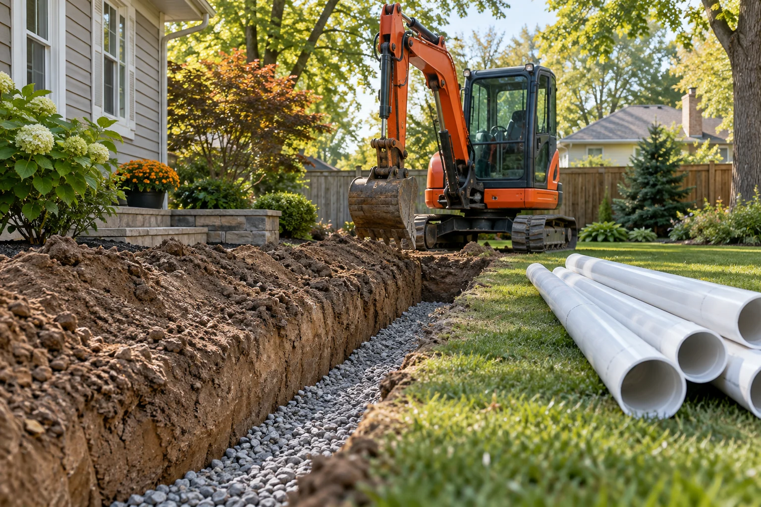 Backyard excavation with staged replacement sewer pipe