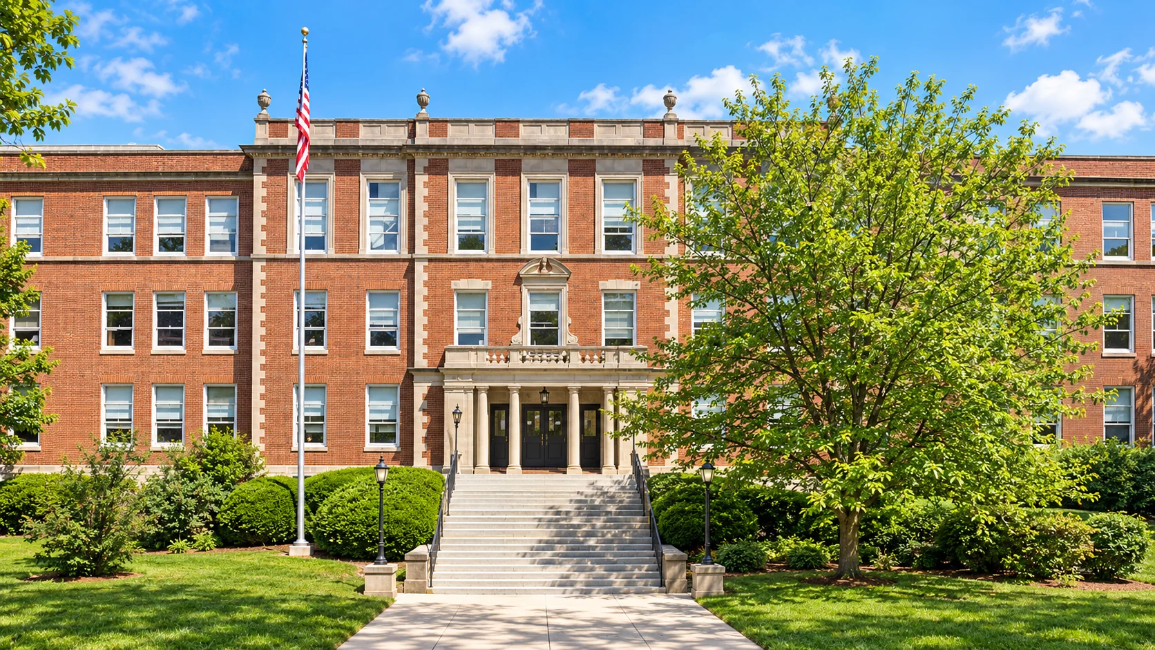 Enhanced school photograph with a welcoming entrance, front stairs and a large tree